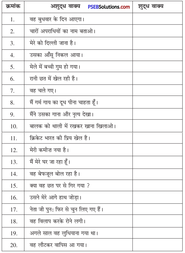 PSEB 10th Class Hindi Vyakaran वाक्य शुद्धि 1