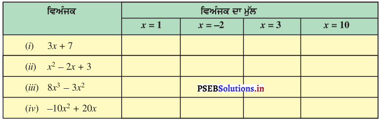 PSEB 7th Class Maths Solutions Chapter 12 ਬੀਜਗਣਿਤਕ ਵਿਅੰਜਕ Ex 12.3 1