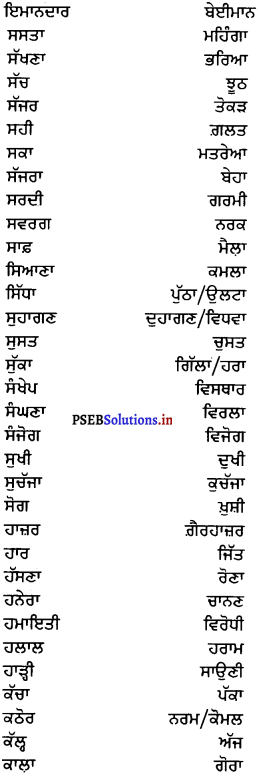 PSEB 6th Class Punjabi Vyakaran ਵਿਰੋਧਾਰਥਕ ਸ਼ਬਦ (1st Language) 2